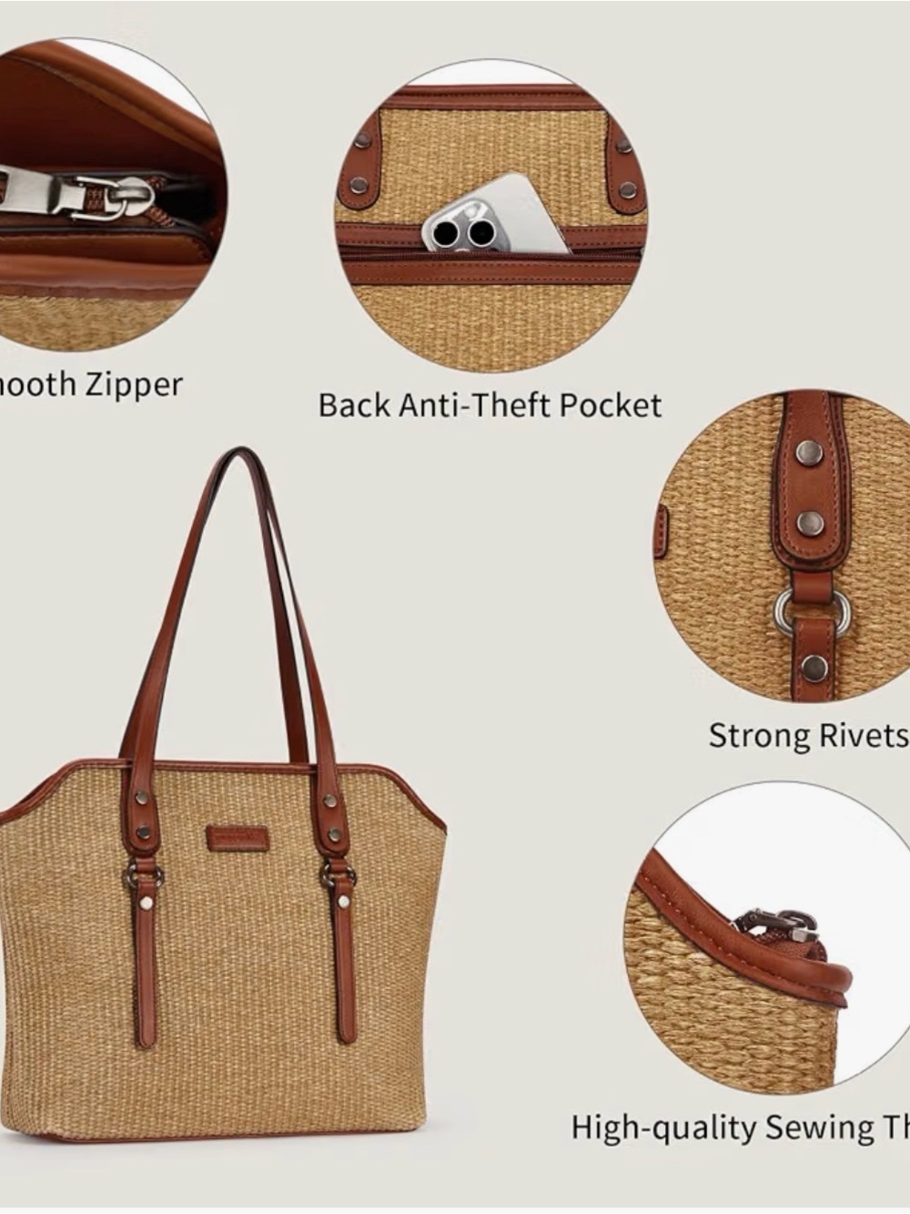 NWT Tote Bag, Large Capacity Straw & Vegan Leather Tote bag. - Picture 7 of 7